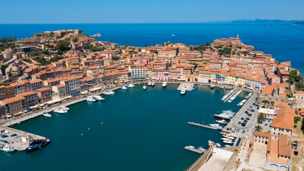 An aerial view of the port of Portoferraio on the island of Elba.