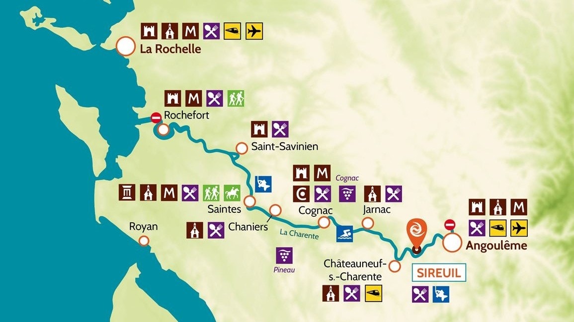 Plavební oblast Sireuil, Charente, Francie, mapa