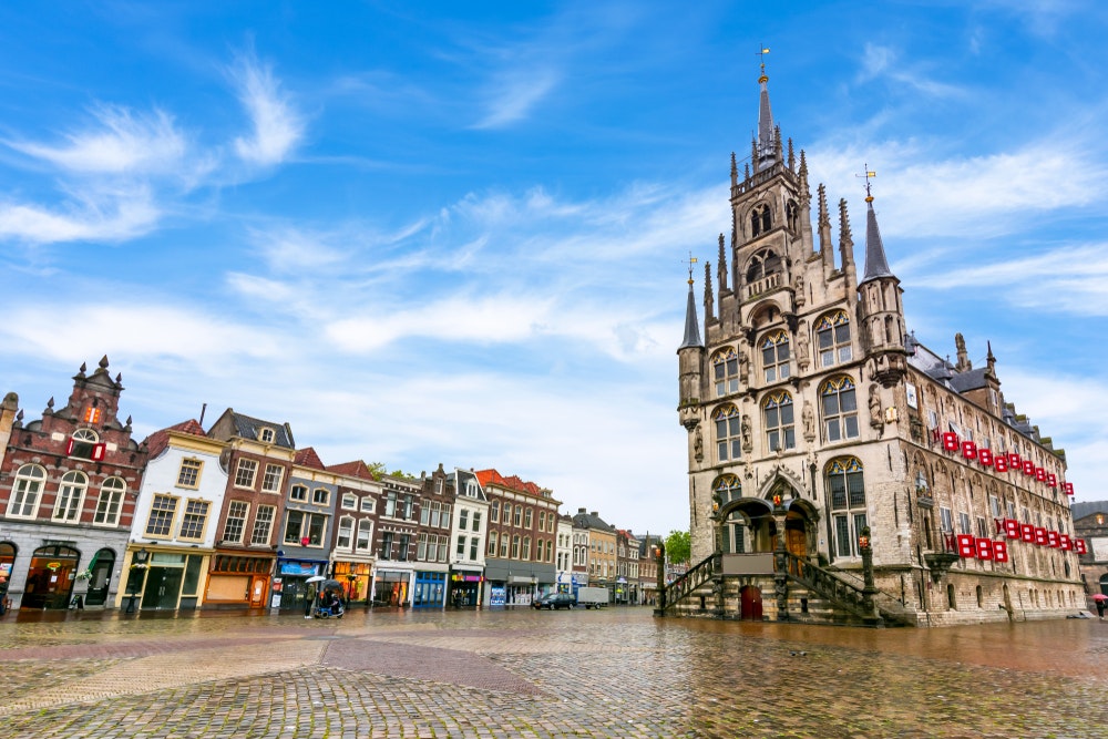 The historic centre of the town of Gouda, famous for the production of the cheese of the same name.