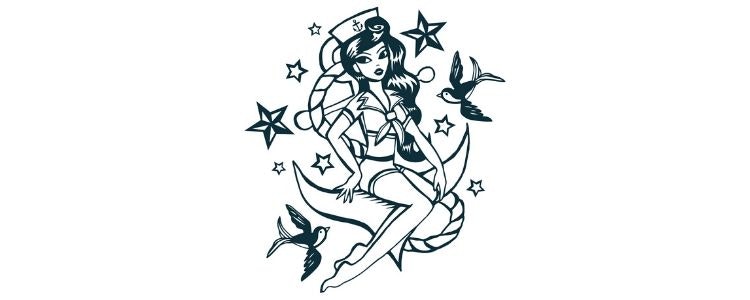 Illustration of a black and white design of a sailor tattoo.