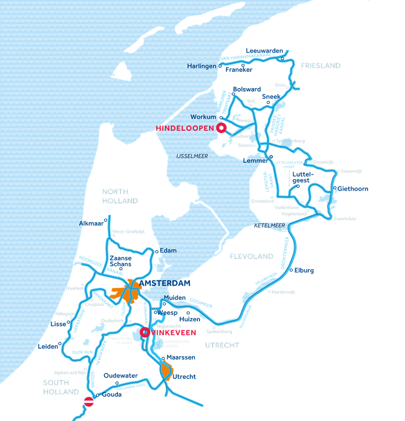 Mapa okolí plavebnách tras Amsterdamu