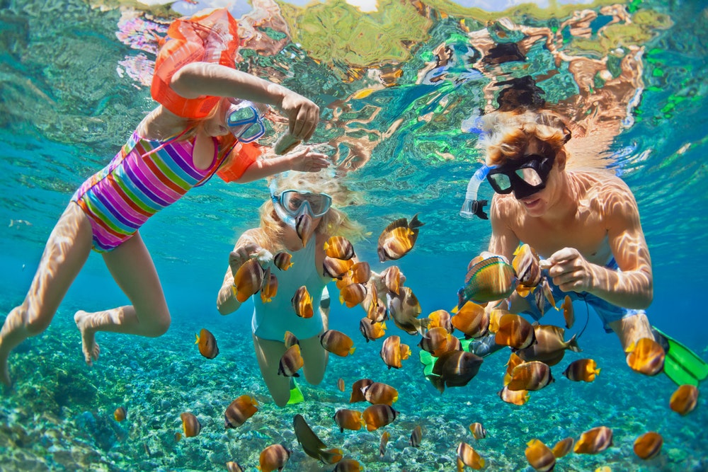 Laiminga šeima – tėtis, mama, vaikas su nardymo kauke nardo po vandeniu su tropinėmis žuvimis prie koralų rifo