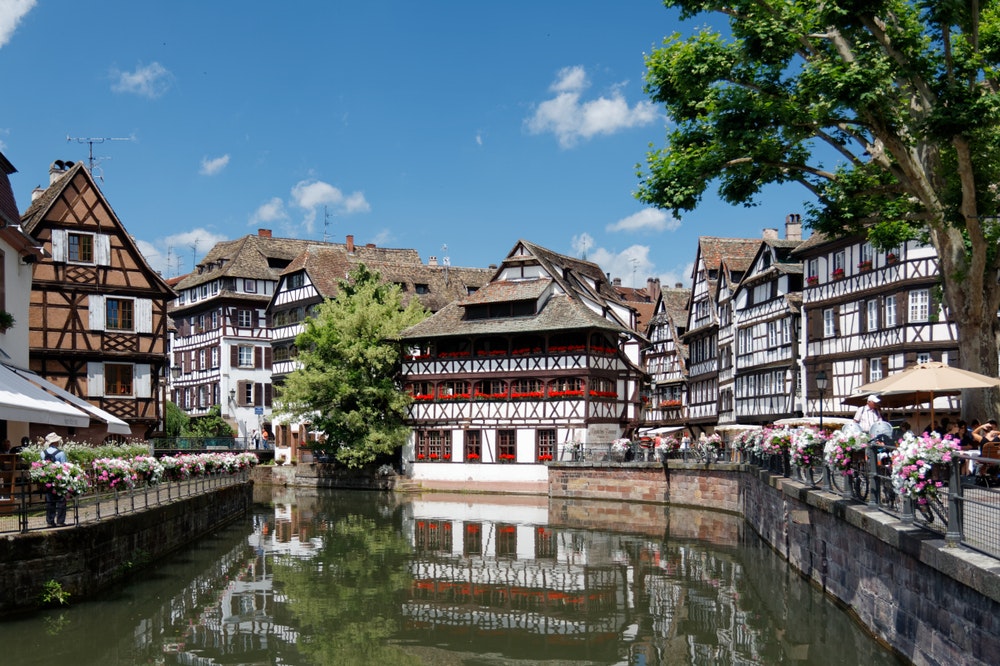 Water canal and historic houses in Strasbourg.
