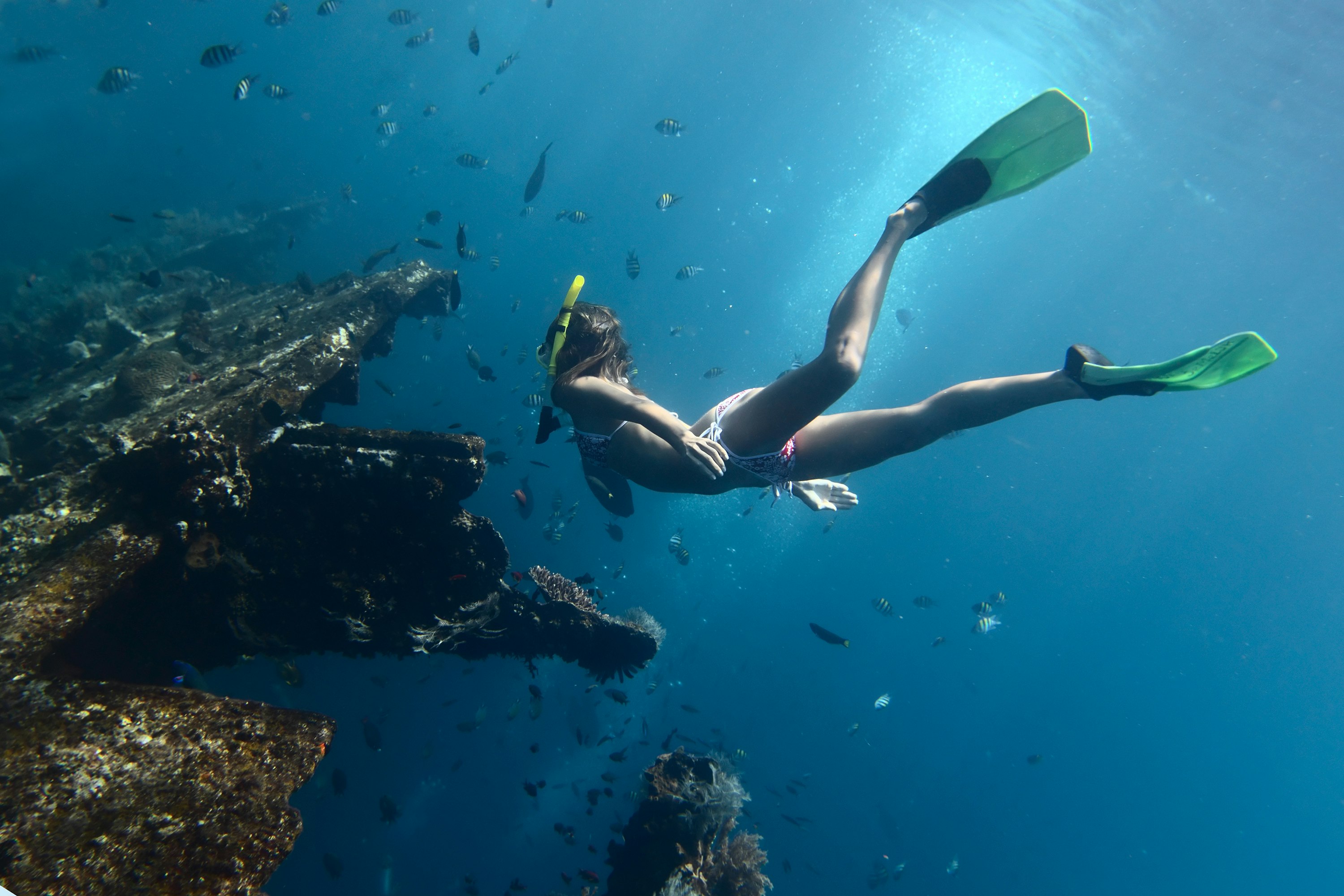 When snorkeling near a wreck it is a good idea to use some body protection such as a wetsuit or at least UW sun protection. 