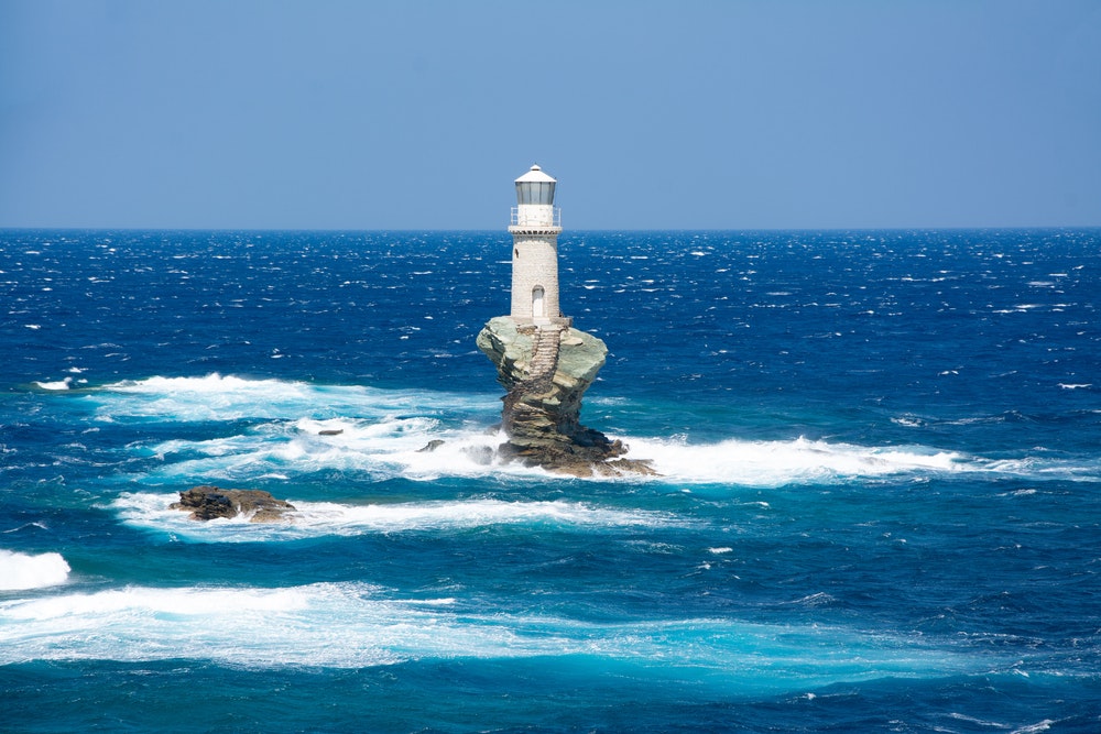 Lighthouse on the island of Andros, Greece.