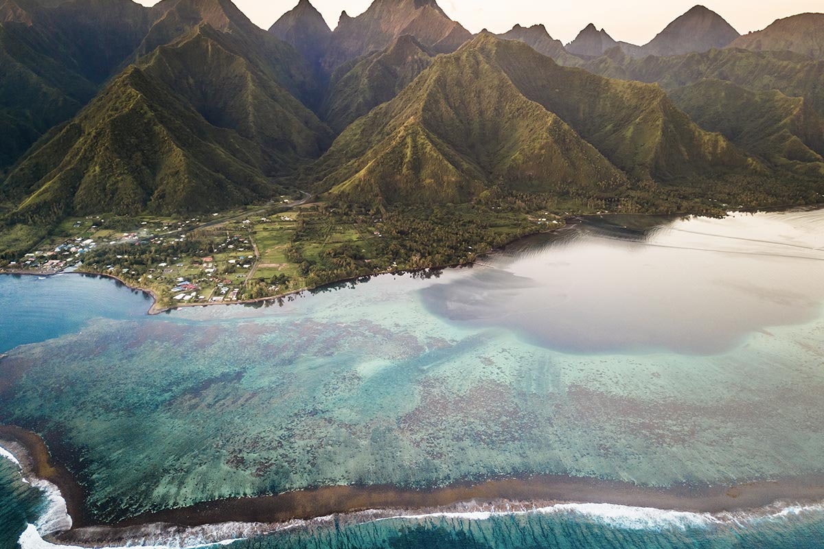 French Polynesia - Tahiti - view from a coral reef with Mighty Mount Aorai in the background