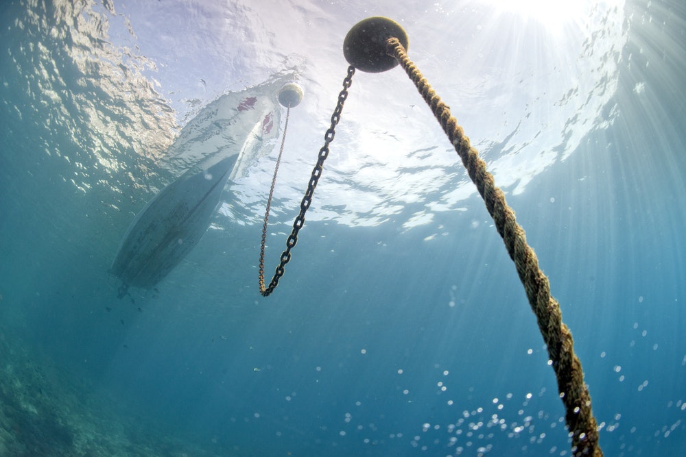 Anchor chain and ship photographed from the bottom of the sea.