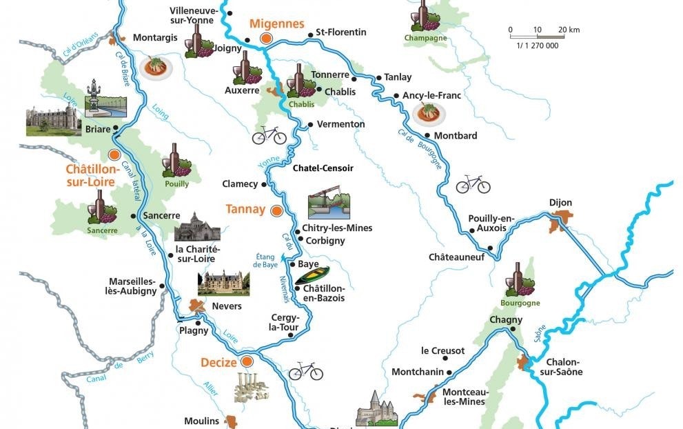 Brienon, Nivernais, Loire, Yonne, Francie, plavební oblast, mapa