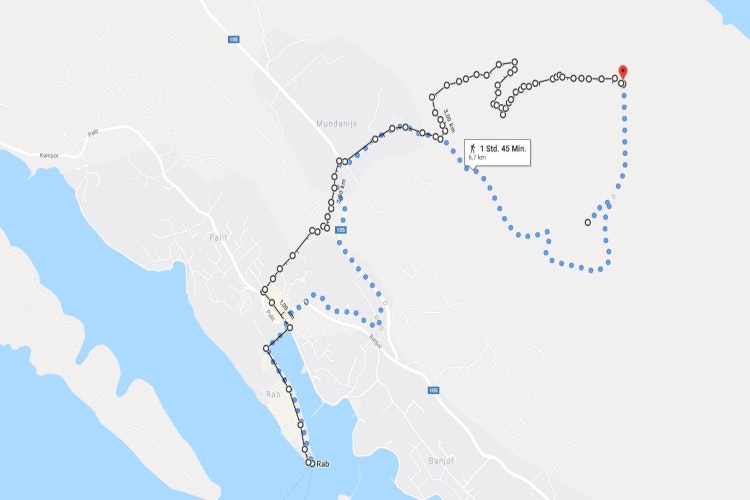 The route up is marked in black, down in blue with a distinct detour to a picturesque restaurant