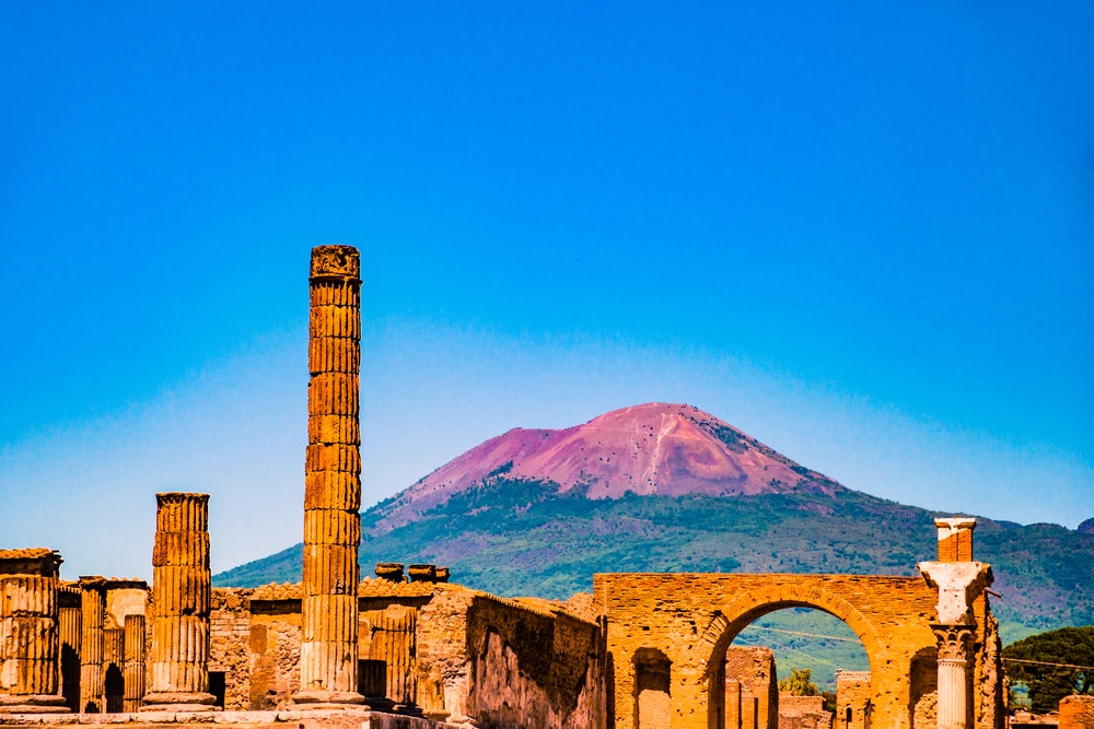 The famous ancient site of Pompeii, near Naples. It was completely destroyed by the eruption of Mount Vesuvius. One of the main tourist attractions in Italy.