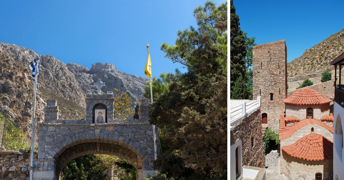 Kloster i fjellene på øya Tilos, Hellas, dedikert til Saint Panteleimon.