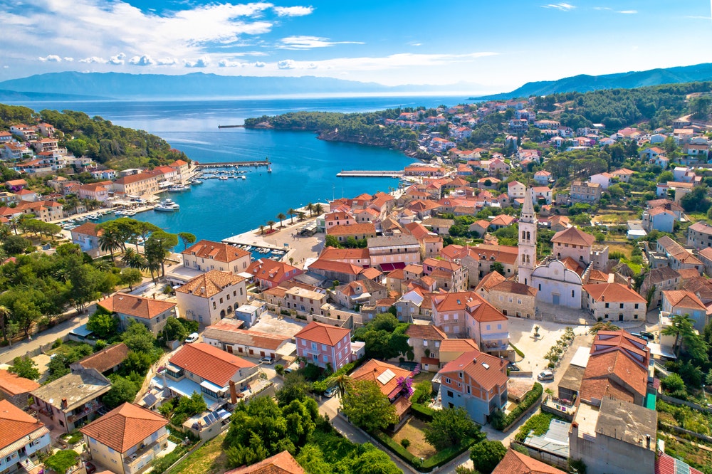 Town of Jelsa bay and waterfront aerial view, Hvar island,