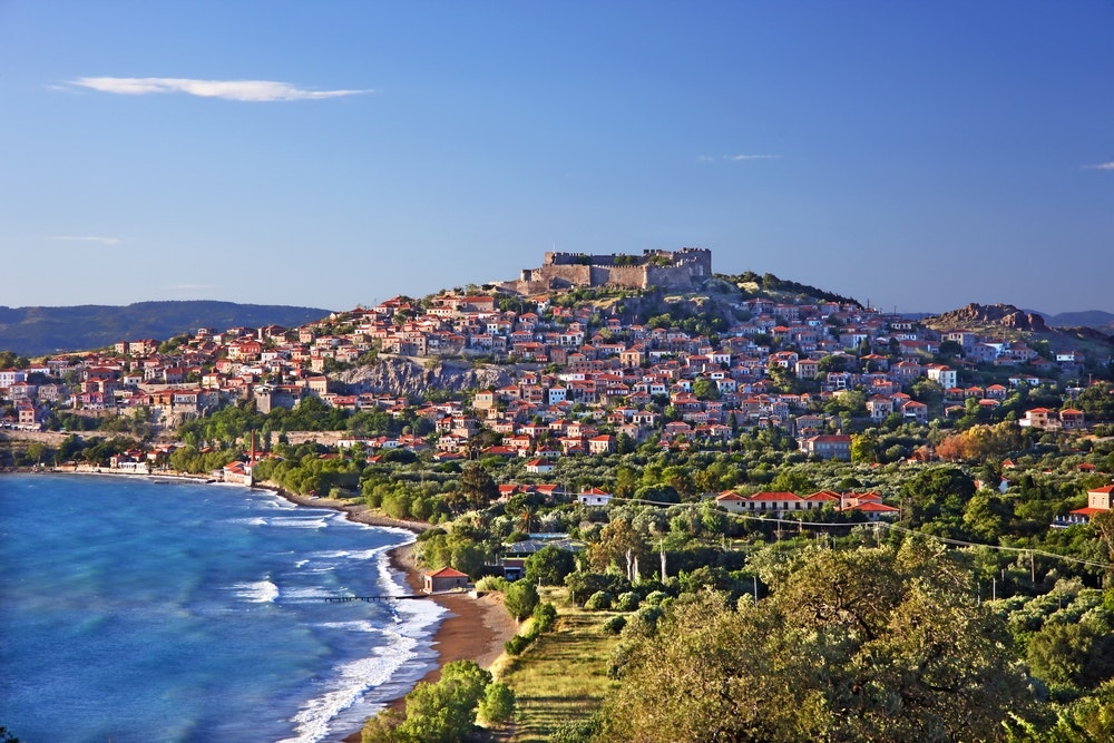 Panoramic view of Molyvos or Mithimna, a picturesque traditional village on the Greek island of Lesvos.