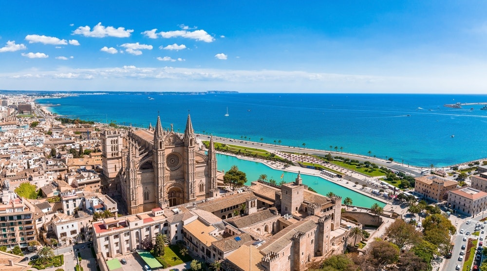 Aerial view of La Seu, the Gothic medieval cathedral in Palma de Mallorca, Spain