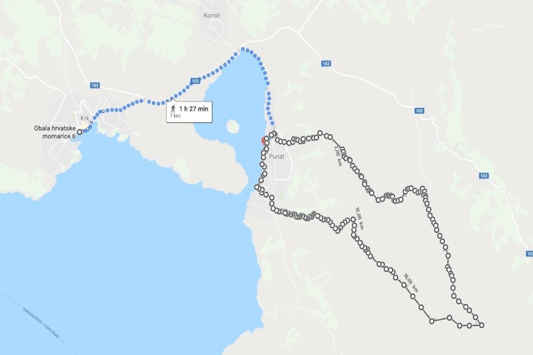 The easy route from Krk to Punat is marked in blue, an additional route for experts in black 
