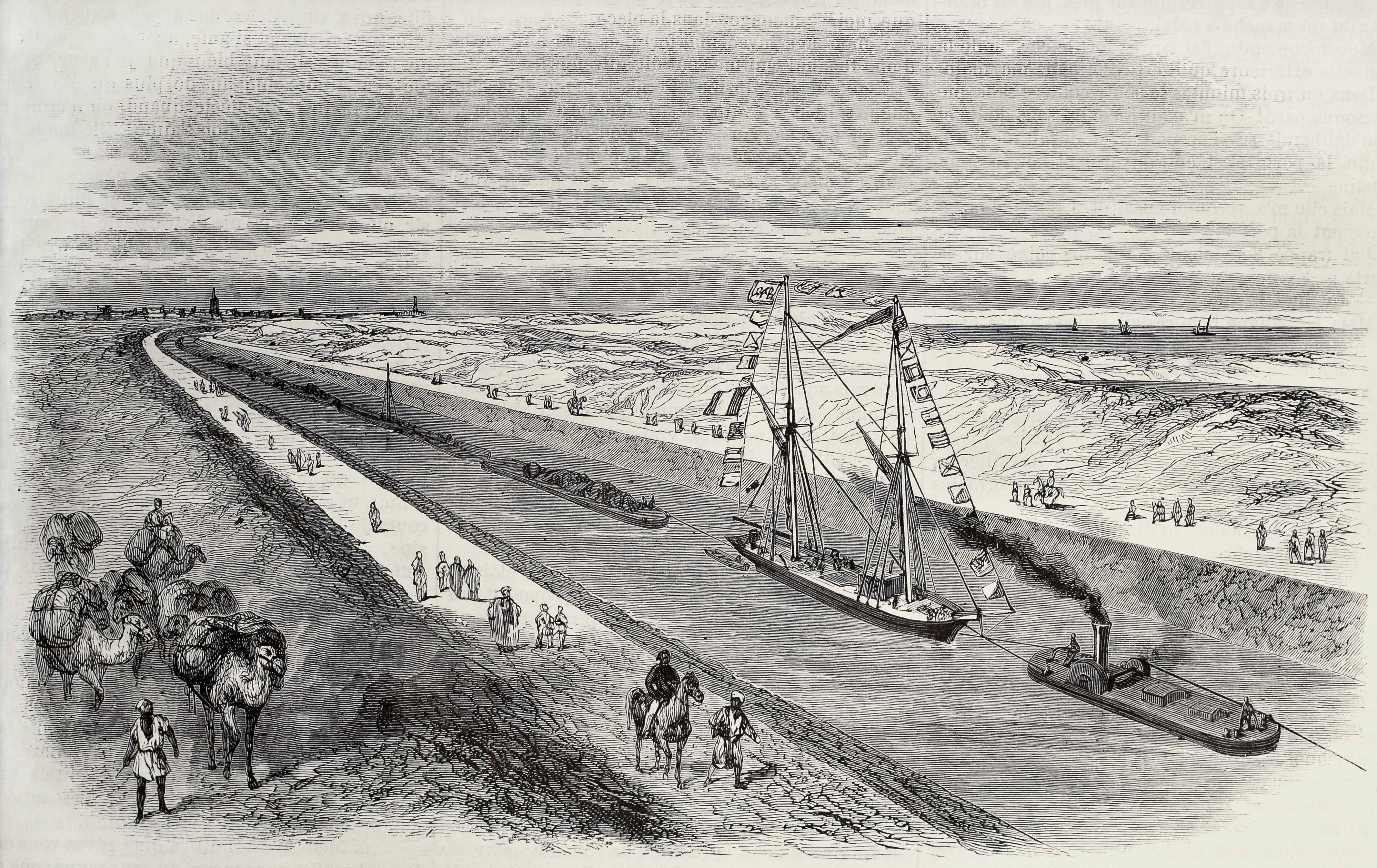 Antická ilustrace lodního konvoje plujícího Suezským průplavem. Zdroj: Shutterstock