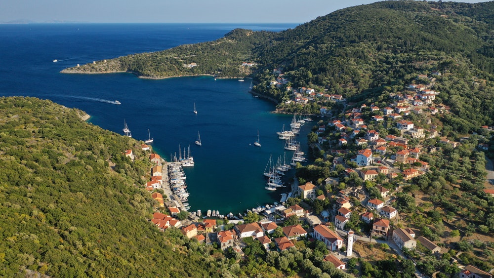 A marina full of yachts on the Greek island of Ithaca.