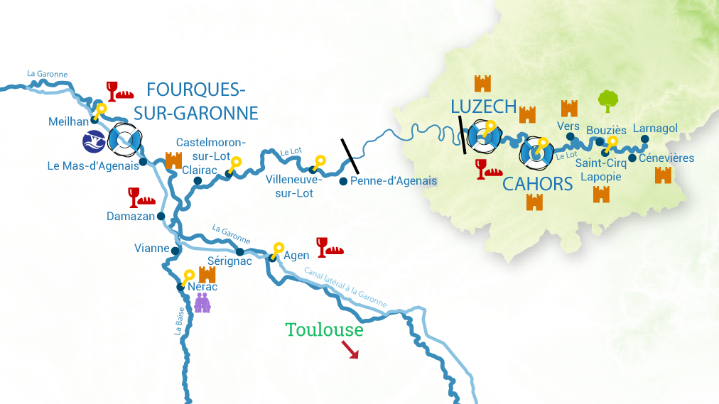 Mapa plavební oblasti řeky Lot ve Francii
