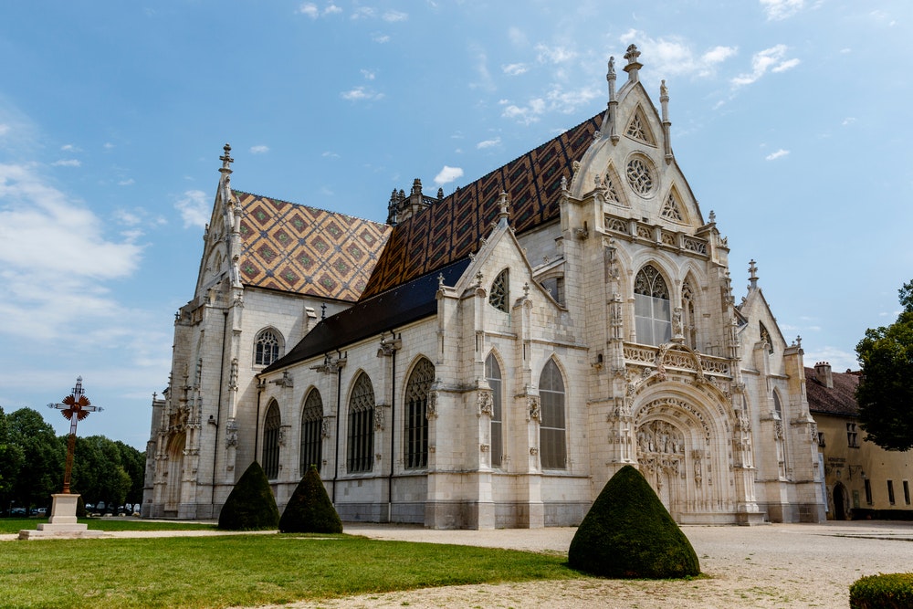 Karališkojo Brou vienuolyno išorė Bourg-en-Bresse mieste, Aine, Prancūzijoje