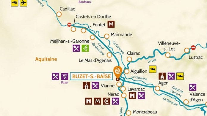 Buzet, Akvitánie, Francie, plavební oblast, mapa