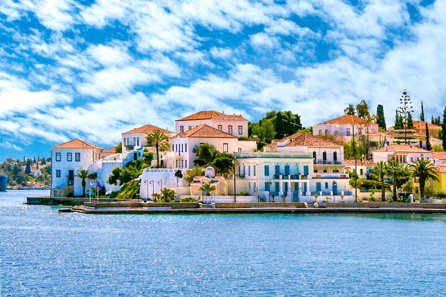 The buildings situated on the island of Spetses in the Saronic Gulf, which is located close to Athens.