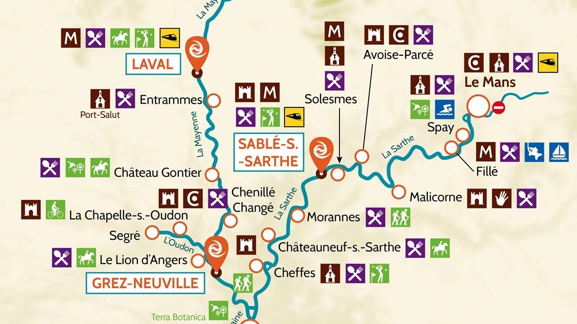 Plavební oblast Sablé, Anjou, Francie, mapa