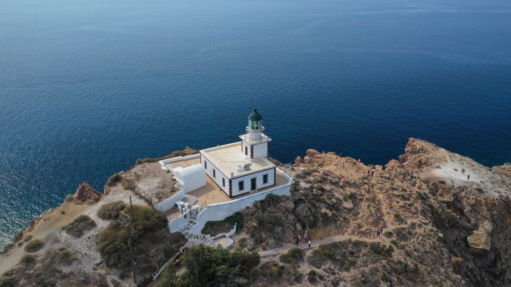 Akrotiri Lighthouse near the village of Akrotiri on the island of Santorini, Greece. 