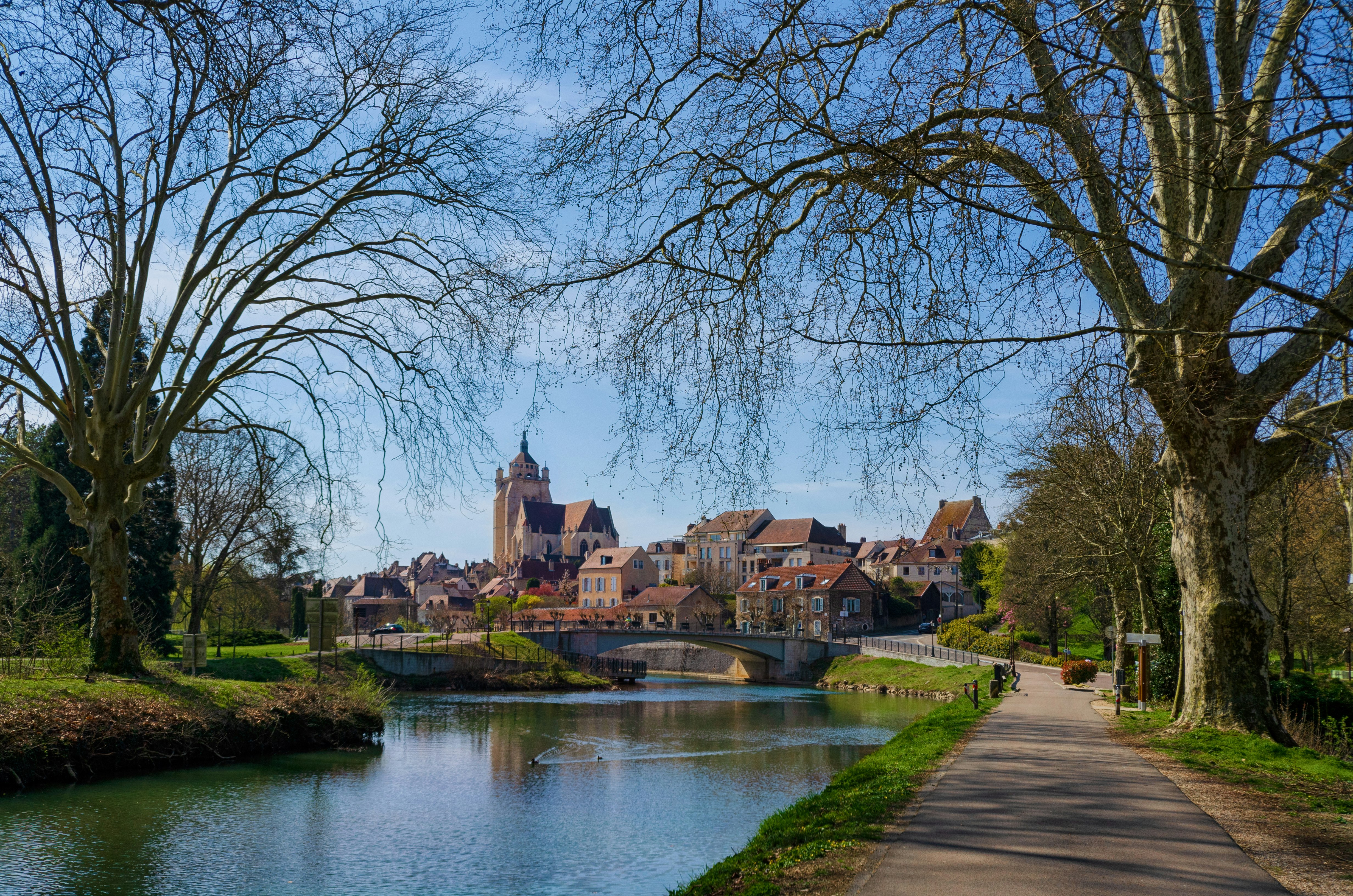 A view of the old French town of Dole. In the foreground is a water canal with walkways and trees. V