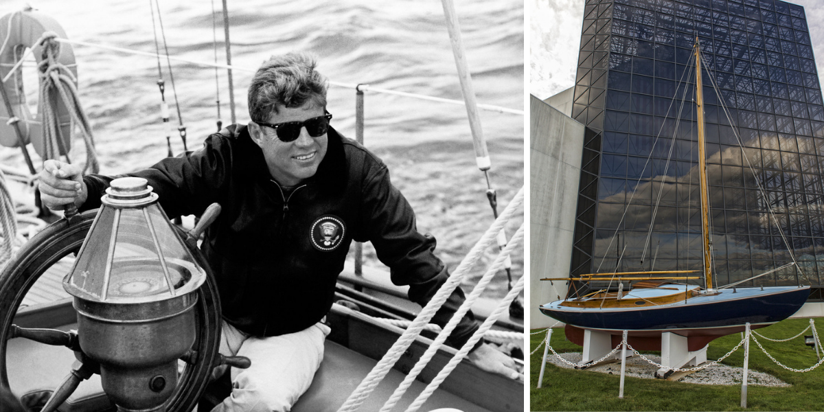 Photo of John Fitzgerald Kennedy on a boat and the sailing ship Victura on display in Boston.