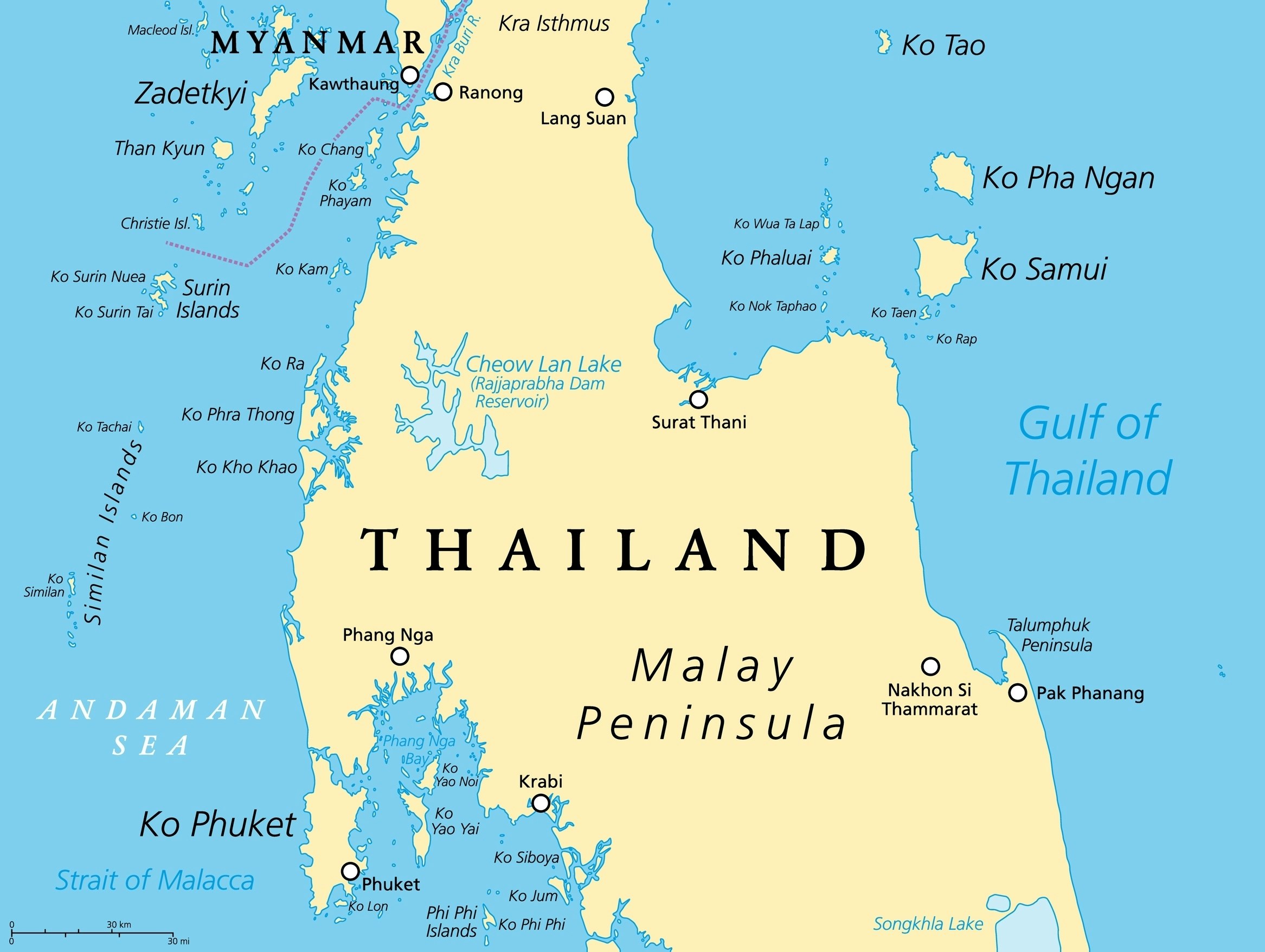 En önemli adaları ve şehirleri içeren Tayland haritası.