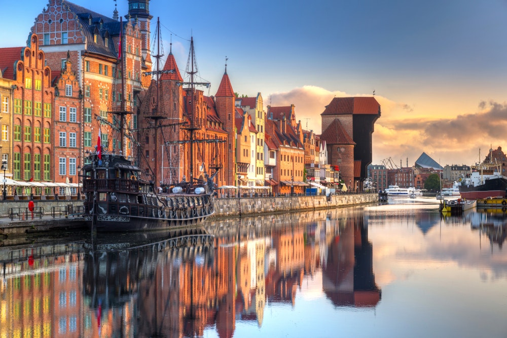 Gdansk with the beautiful old town over the Motlawa River at sunrise