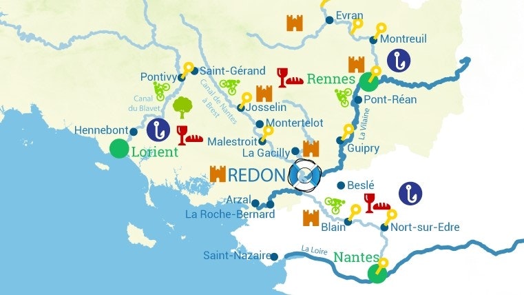 Redon, Bretaň, Francie, plavební oblast, mapa