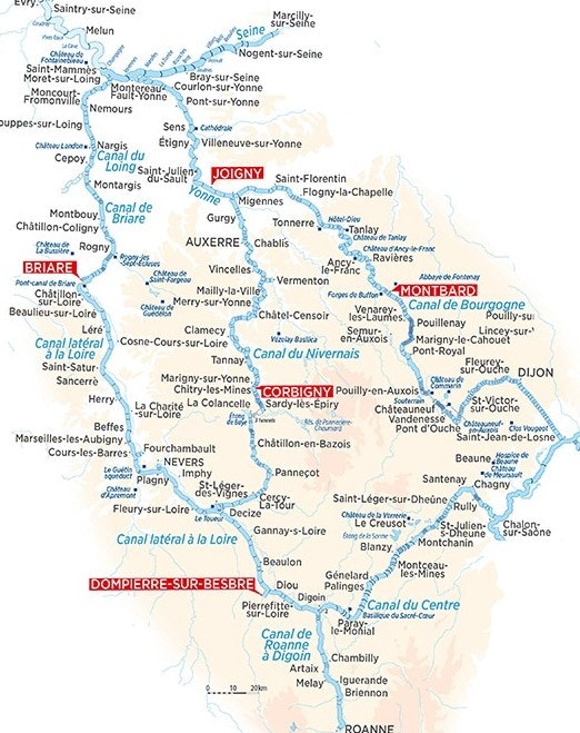 Nivernais, Loire, Yonne, Francie, plavební oblast, mapa