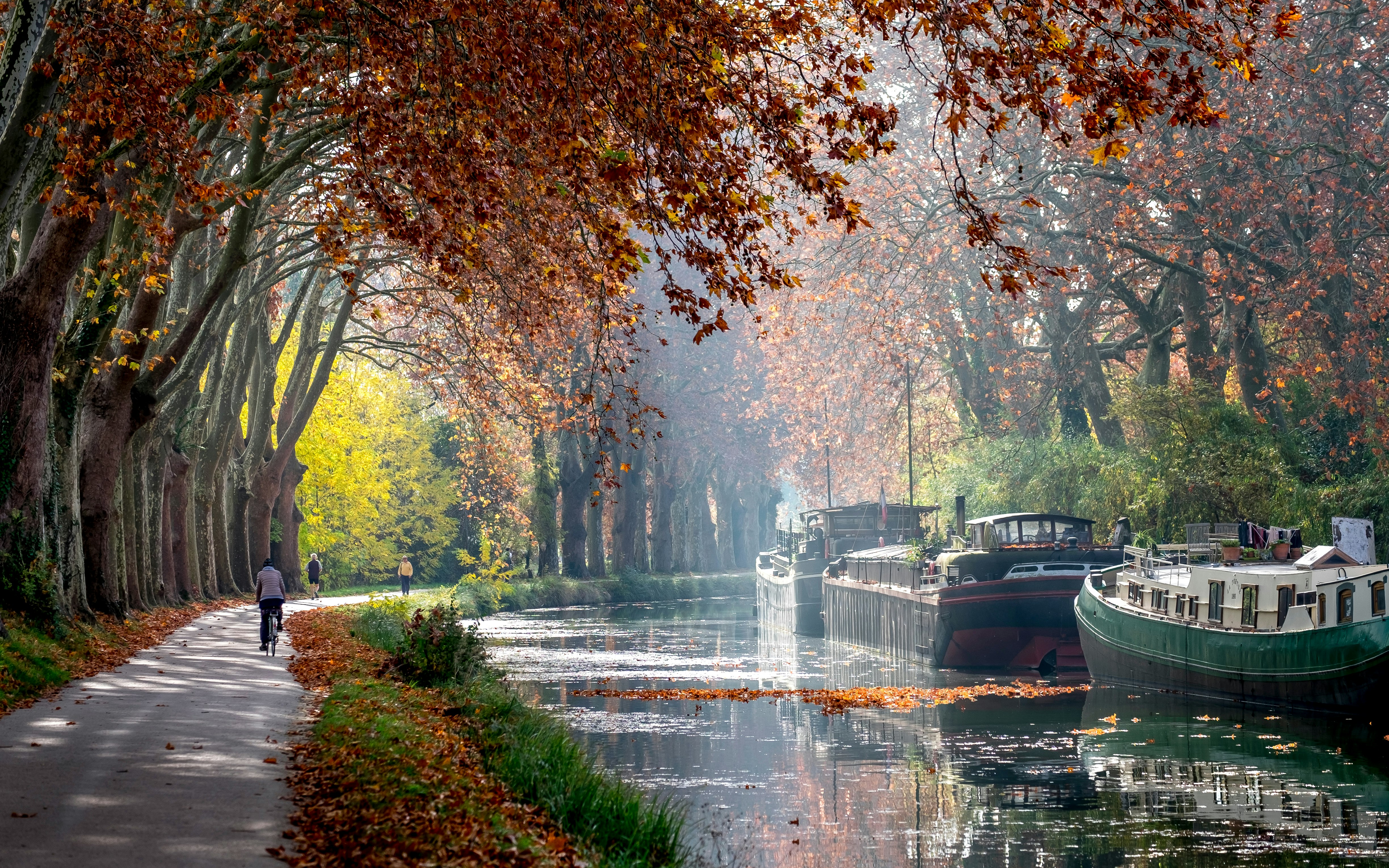 Kanał wodny z łodziami mieszkalnymi jesienią, ścieżka rowerowa