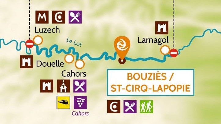 Bouzies, řeka Lot, Francie, plavební oblast, mapa