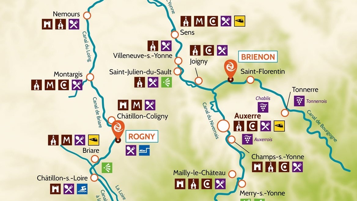 Brienon, Nivernais, Loire, Yonne, Francie, plavební oblast, mapa