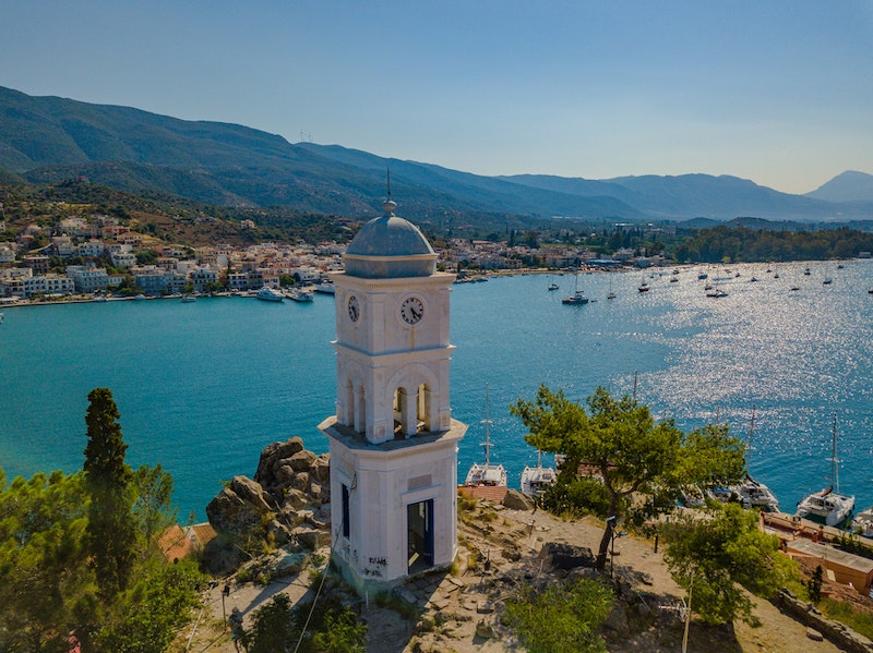 An elevated perspective of the chapel located on the island of Poros.