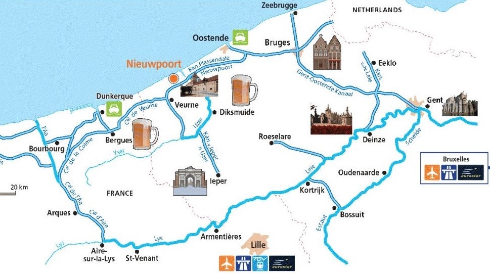 Mapa plavební oblasti města Nieuwpoort, Flandry, Belgie
