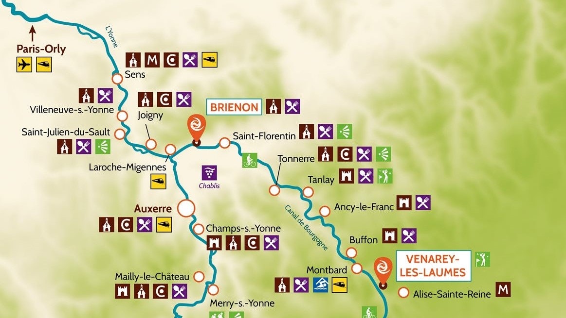 Brienon, Central Burgundy, France, cruising area map