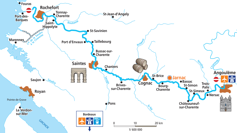 Jarnac, Charente, Francie, plavební oblast, mapa