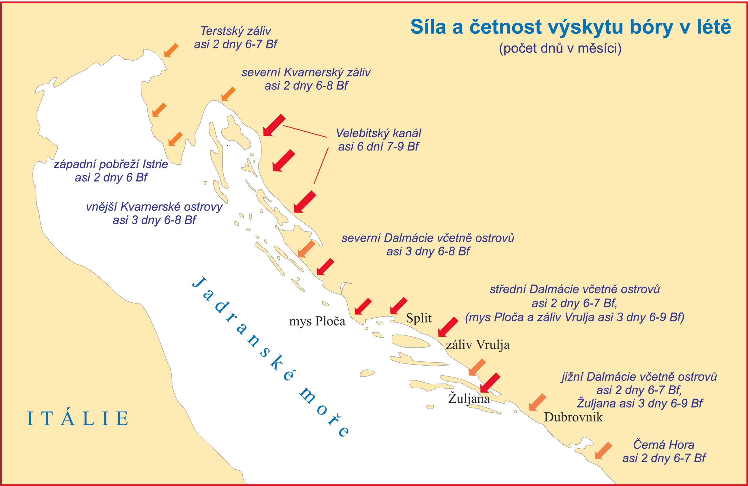Mapa ukazující sílu a četnost výskytu bóry v létě v Jadranském moři