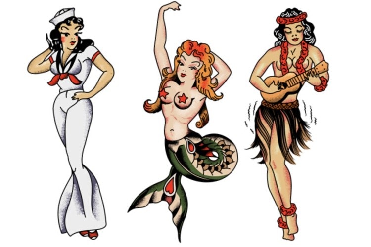 Pin-up girl, mermaid and hula girl for the pleasure of lonely sailors