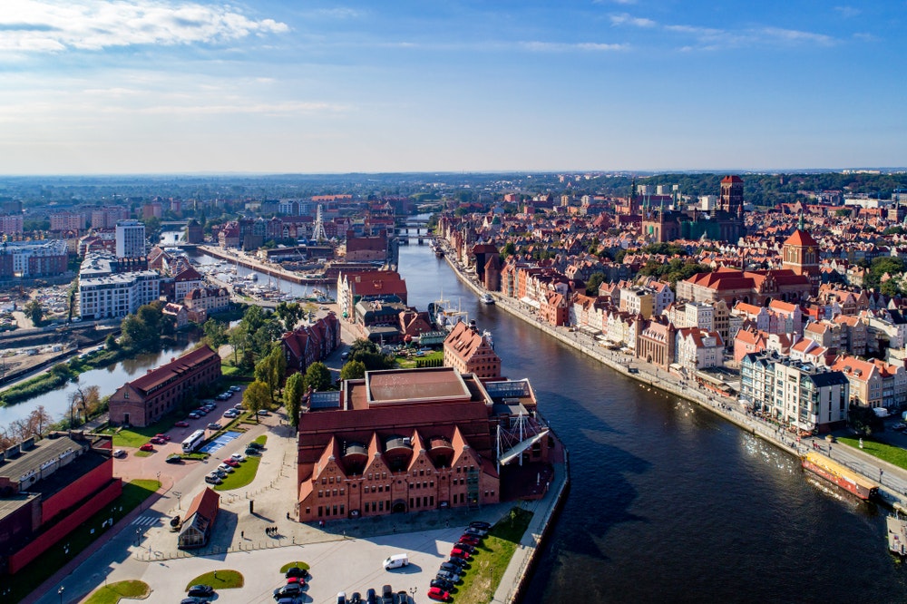 Gdaňsk, Polsko, řeka Motlawa, mosty, přístav, Baltská filharmonie a slavné památky