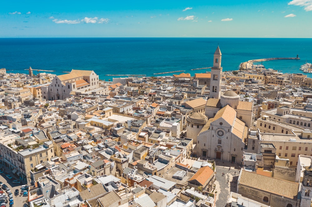 Aerial view of the old town of Bari. On the right is Bari Cathedral (Saint Sabino), on the left is the "Basilica of San Nicola", 