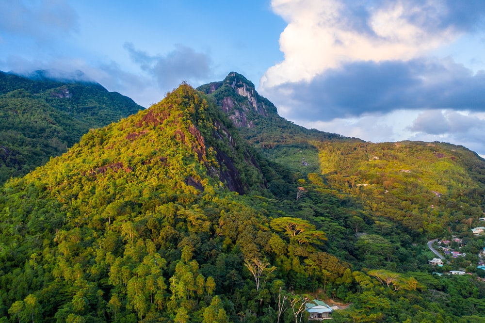 Yemyeşil tropikal bitki örtüsü ile gün batımında Morne Seychellois Ulusal Parkı'nın havadan drone görünümü