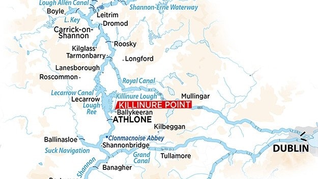 Shannon řeka, plavební oblast okolí Athlone, mapa