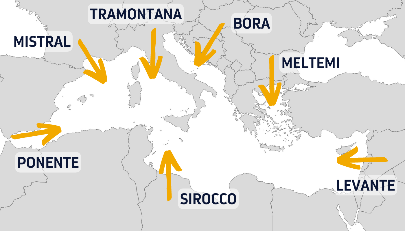 Χάρτης των ανέμων που ρέουν μέσα από τη Μεσόγειο Θάλασσα.