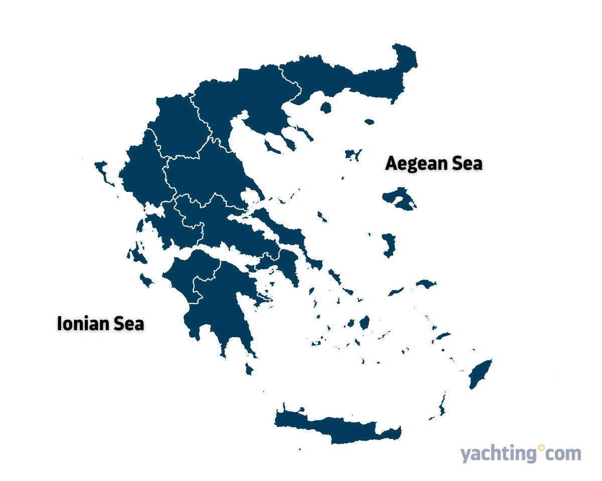 Illustrerende kart over Hellas og plasseringen av Det joniske hav og Egeerhavet.
