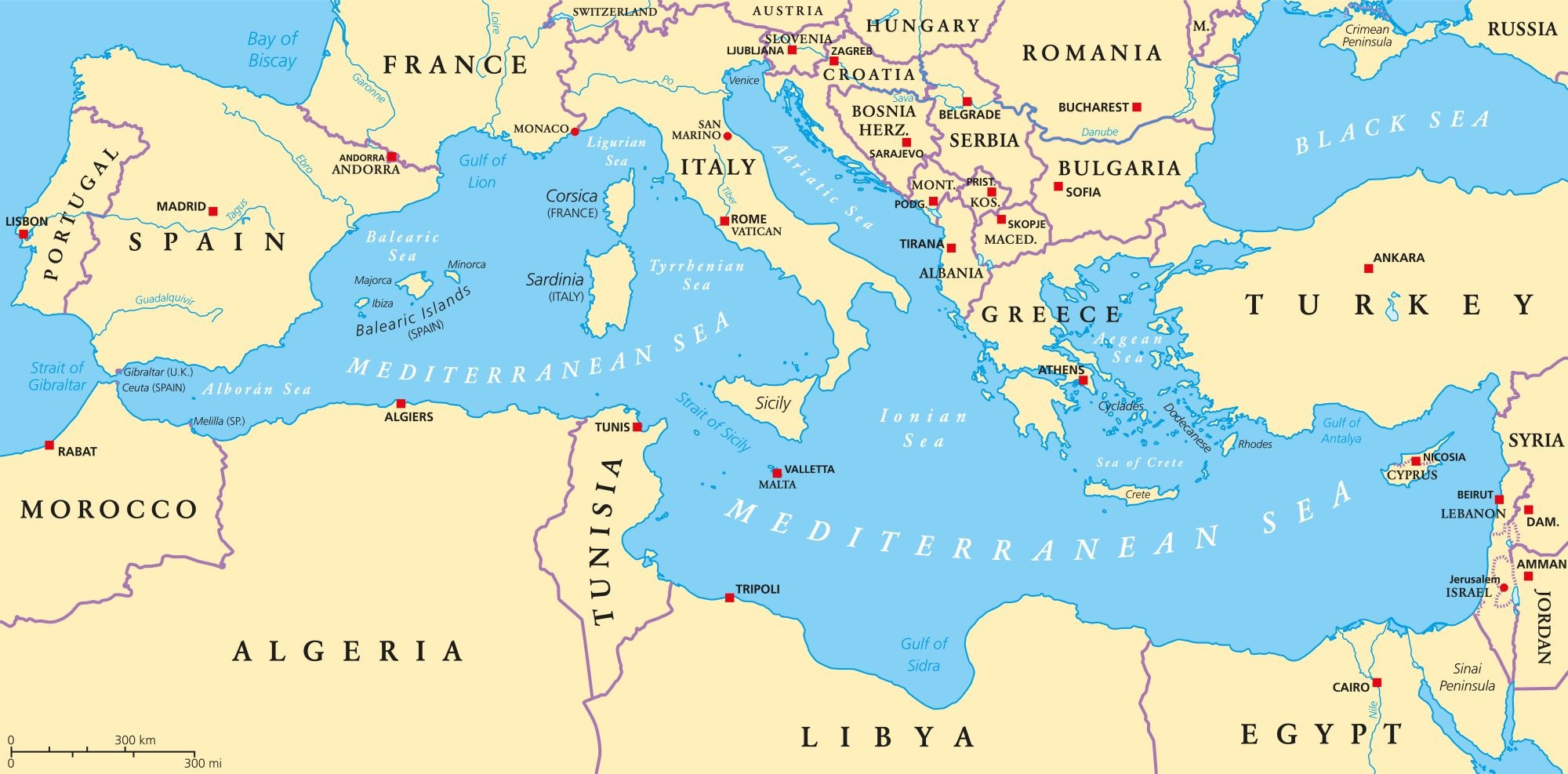 Kart over Middelhavet og land rundt