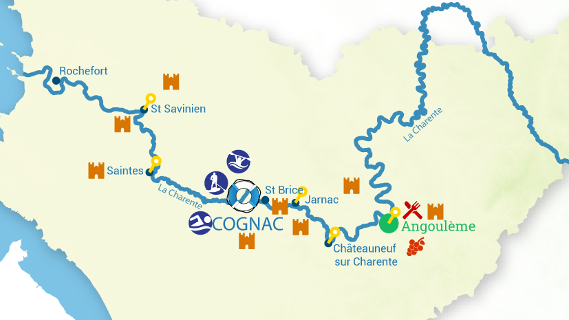 Cognac, Charente, France, sailing route, map